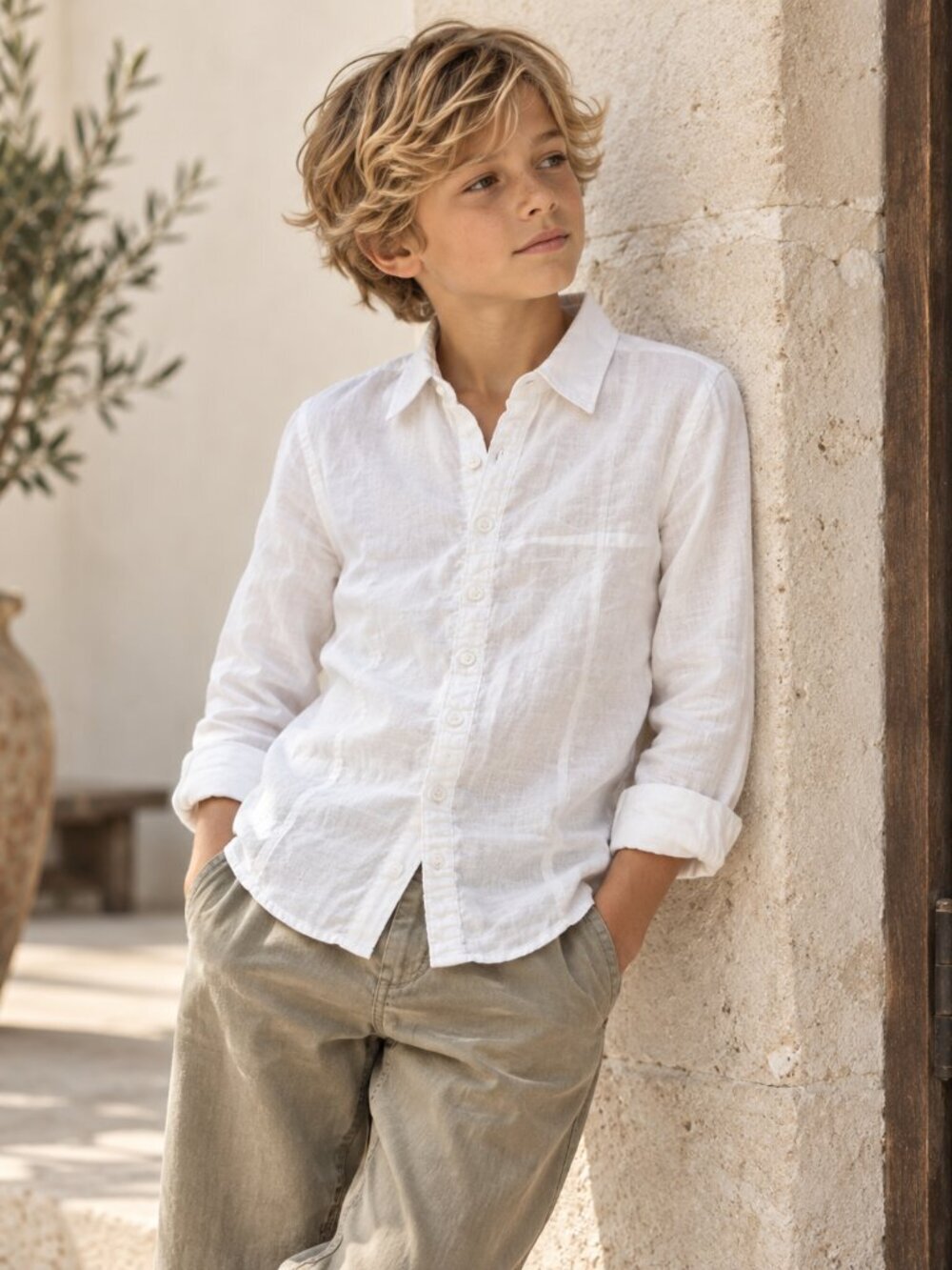 IKKS Boys White 100% Linen Button Down Shirt Size 10 Made in France